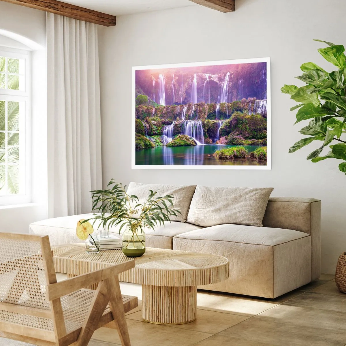 Poster - Cascate immerse nel verde con luci pastello - 100x70cm - La scala verso il cielo - Decorazione murale moderna per soggiorno e camera da letto ARTTOR
