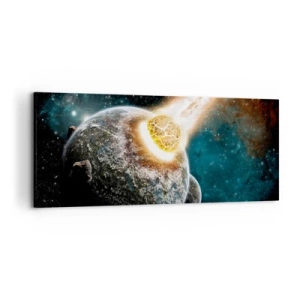 Quadro su tela - Stampe su Tela - Collisione cosmica di un pianeta con un asteroide nelle vicinanze della galassia. - 120x50cm - Estinzione o nascita? - Decorazione murale moderna per soggiorno e camera da letto ARTTOR