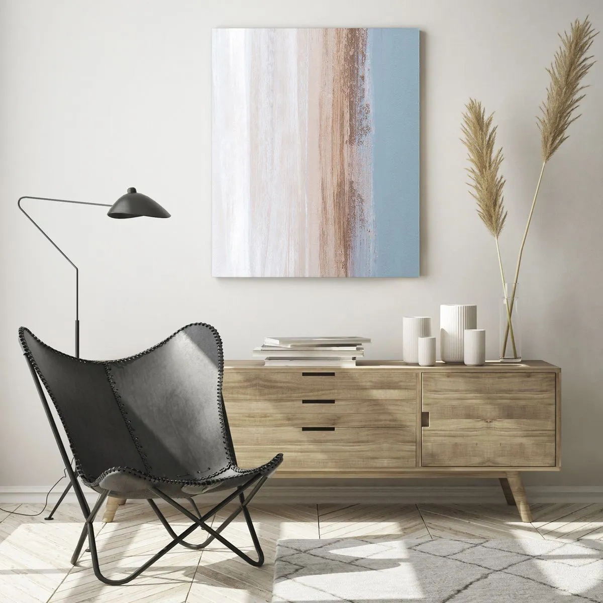 Quadro su vetro - Un paesaggio delicato nei toni pastello del blu e del beige - 70x100cm - Paesaggio incerto - Decorazione murale moderna per soggiorno e camera da letto ARTTOR