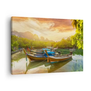 Quadro su tela - Stampe su Tela - Barche tradizionali in acque calme al tramonto - 70x50cm - Prima di un giorno di lavoro - Decorazione murale moderna per soggiorno e camera da letto ARTTOR