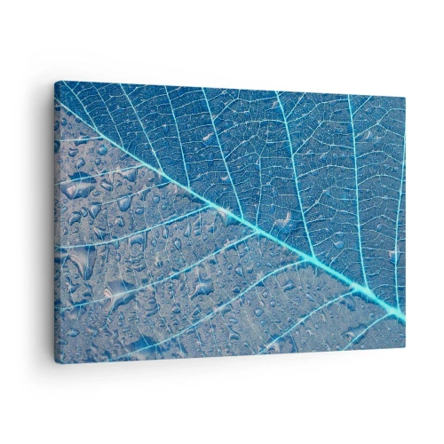 Quadro su tela - Stampe su Tela - Una foglia nei toni del blu con gocce d'acqua - 70x50cm - Vita nel blu - Decorazione murale moderna per soggiorno e camera da letto ARTTOR