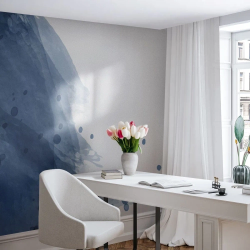Fotomurali Premium Sand - Delicato acquerello blu con macchie su sfondo bianco - 100x70cm - Tulle blu - Decorazione murale moderna per soggiorno e camera da letto ARTTOR