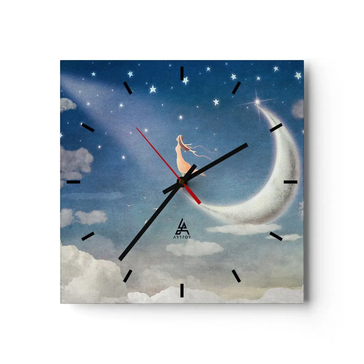 Orologio da parete - Orologio in Vetro - Una donna sulla luna circondata da stelle e nuvole - 30x30cm - Seduttrice celeste - Decorazione murale moderna per soggiorno e camera da letto ARTTOR