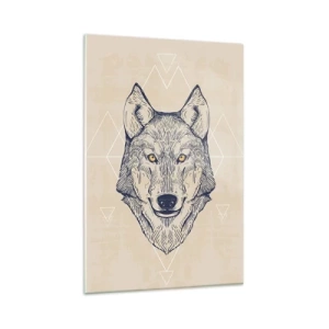 Quadro su vetro - Un lupo geometrico su uno sfondo chiaro con motivi minimalisti. - 80x120cm - Alfa dallo sguardo penetrante - Decorazione murale moderna per soggiorno e camera da letto ARTTOR