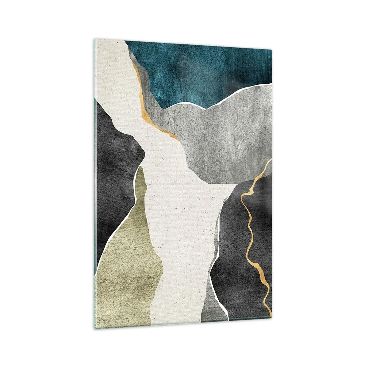 Quadro su vetro - Forme geometriche nei toni del grigio, verde e oro - 80x120cm - Composizione mosaico con filo d'oro - Decorazione murale moderna per soggiorno e camera da letto ARTTOR