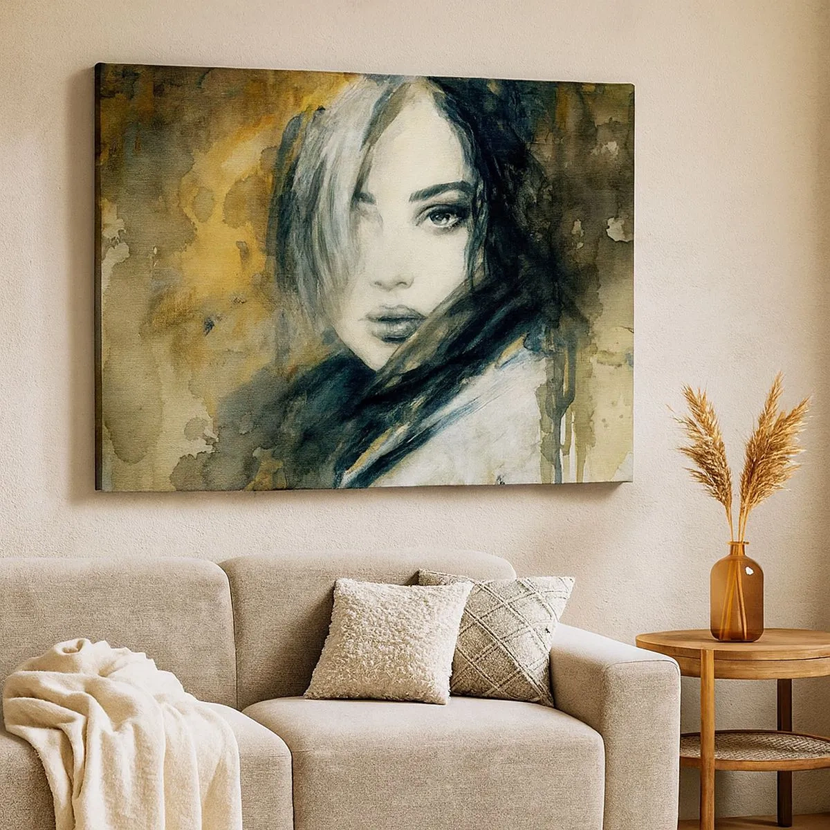 Quadro su tela - Stampe su Tela - Ritratto di una donna su uno sfondo di macchie astratte nei toni del beige - 70x50cm - Più innocente o sensuale? - Decorazione murale moderna per soggiorno e camera da letto ARTTOR