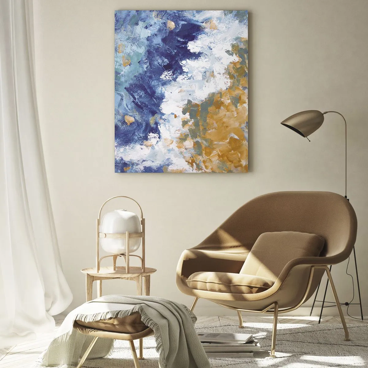 Quadro su vetro - Astrazione nei toni del blu, bianco e oro - 70x100cm - La danza degli elementi - Decorazione murale moderna per soggiorno e camera da letto ARTTOR