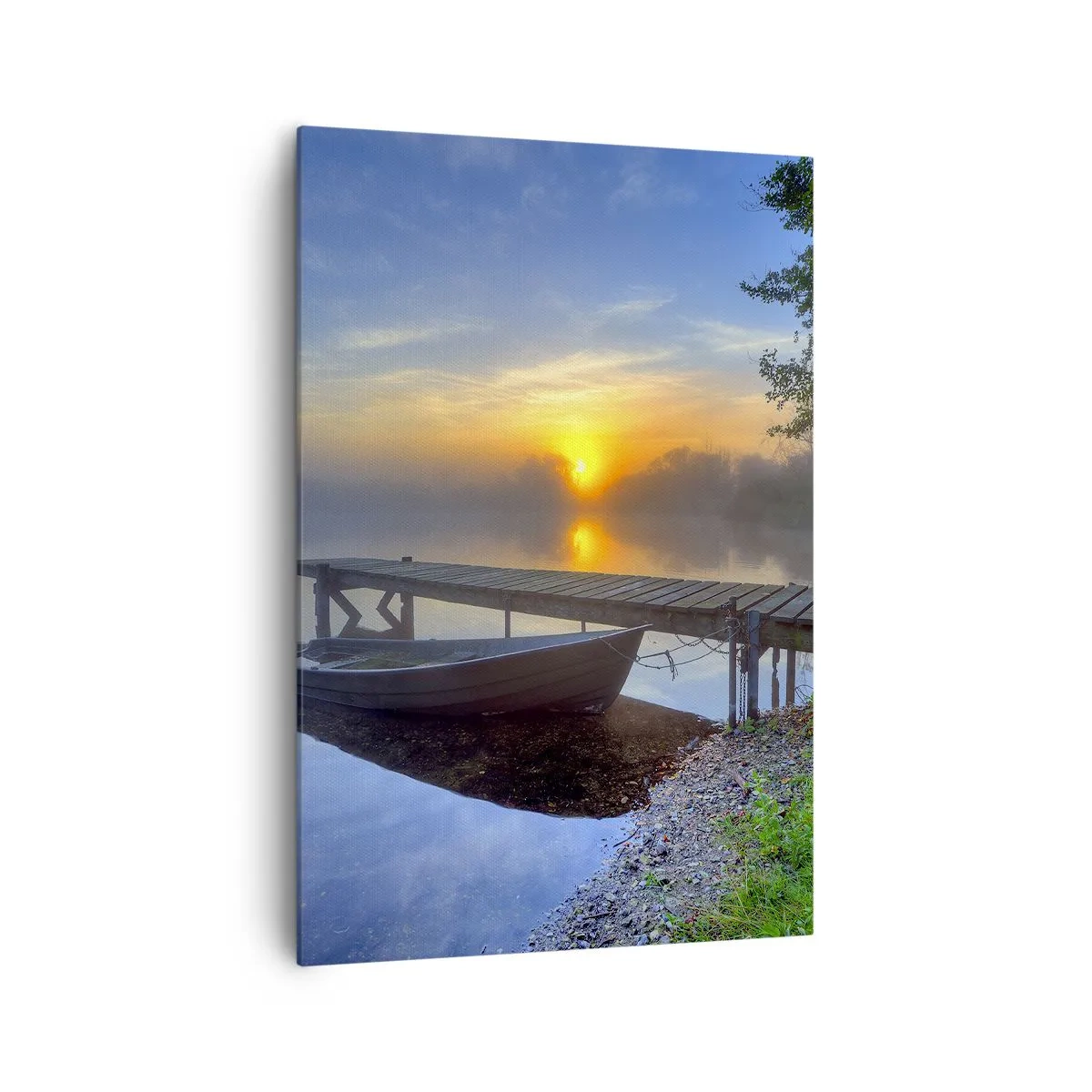 Quadro su tela - Stampe su Tela - Un molo sul lago all'alba con una barca sulla riva - 70x100cm - Come la normalità diventa magica - Decorazione murale moderna per soggiorno e camera da letto ARTTOR