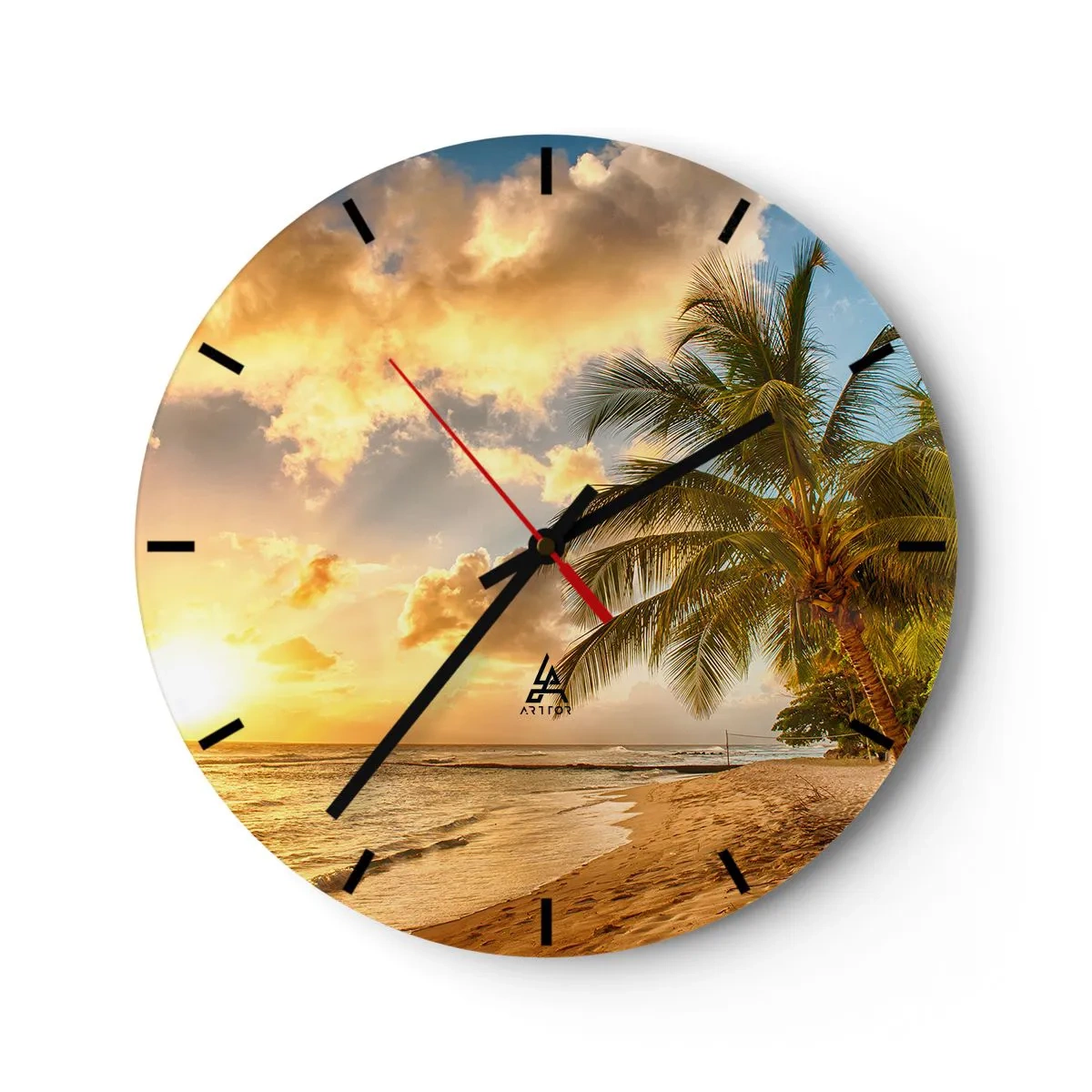 Orologio da parete - Orologio in Vetro - Un quadrante di orologio con un motivo di spiaggia tropicale e palme al tramonto. - 30x30cm - Estate perpetua, vacanze per sempre - Decorazione murale moderna per soggiorno, cucina e camera da letto ARTTOR