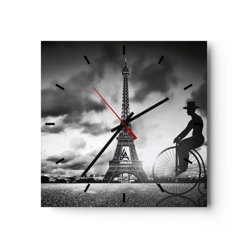 Orologio da parete - Orologio in Vetro - Immagine in bianco e nero di una bicicletta retrò con la Torre Eiffel sullo sfondo - 30x30cm - Nostalgia della Belle Epoque - Decorazione murale moderna per soggiorno e camera da letto ARTTOR