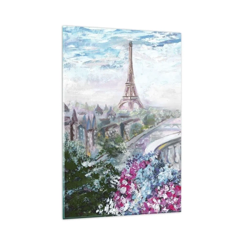 Quadro su vetro - Una vista romantica di Parigi con la Torre Eiffel e un balcone pieno di fiori - 80x120cm - Bellissimo qui a maggio - Decorazione murale moderna per soggiorno e camera da letto ARTTOR