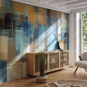 Fotomurali Premium Sand - Geometria astratta nei toni del blu e del marrone - 100x70cm - Attraverso la tenda blu - Decorazione murale moderna per soggiorno e camera da letto ARTTOR