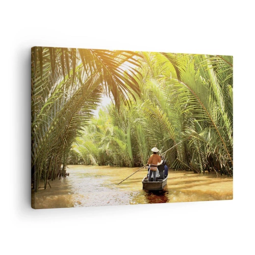 Quadro su tela - Stampe su Tela - Una barca su un fiume circondata da vegetazione tropicale - 70x50cm - Tunnel di palme - Decorazione murale moderna per soggiorno e camera da letto ARTTOR