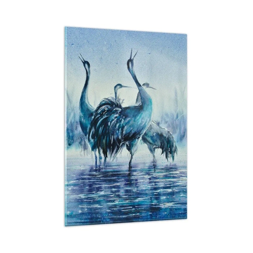 Quadro su vetro - Gru sullo sfondo di nebbia e acqua nei toni del blu - 80x120cm - Incontro mattutino - Decorazione murale moderna per soggiorno e camera da letto ARTTOR