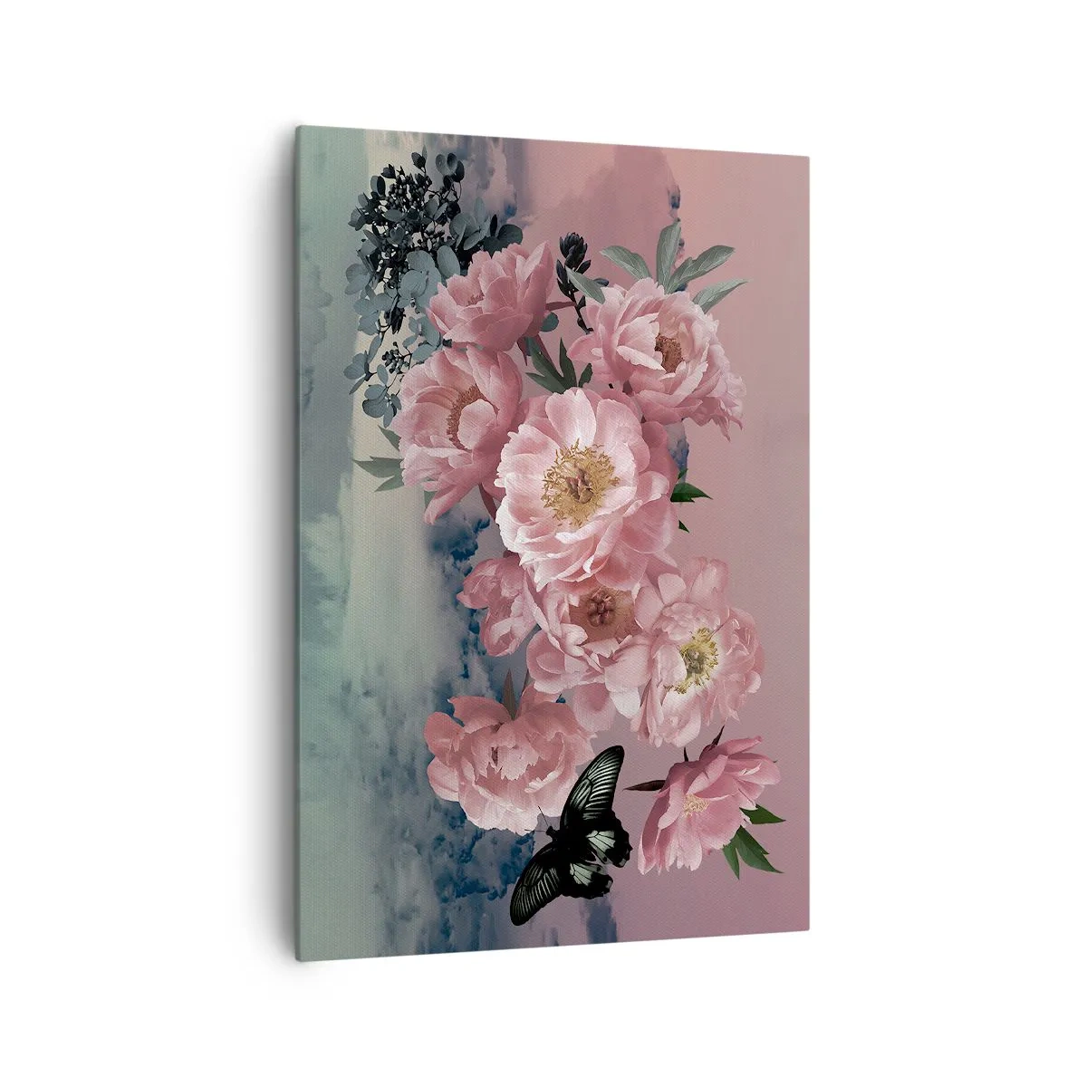 Quadro su tela - Stampe su Tela - Peonie rosa con farfalla su sfondo pastello - 70x100cm - L'apice della romanticità - Decorazione murale moderna per soggiorno e camera da letto ARTTOR