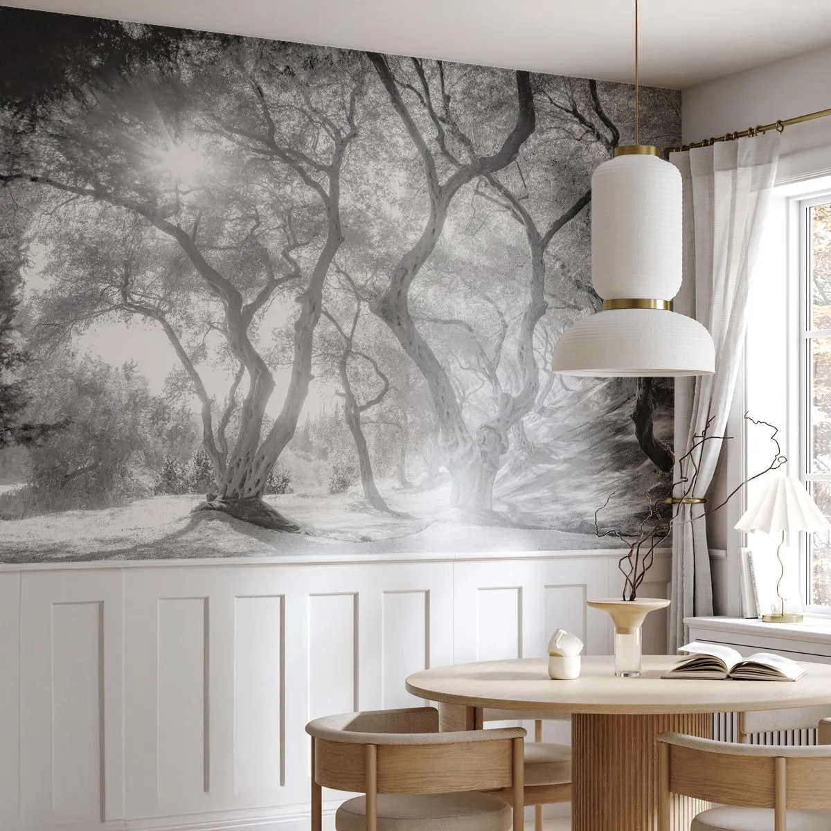 Fotomurali Premium Canvas - Vista in bianco e nero degli alberi in un uliveto con raggi di sole - 100x70cm - Nell'orto degli ulivi - Decorazione murale moderna per soggiorno e camera da letto ARTTOR