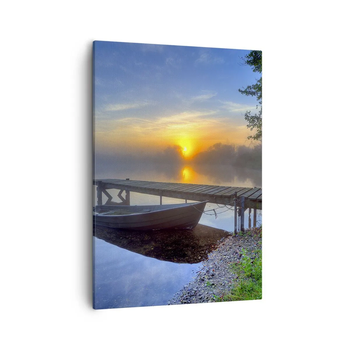 Quadro su tela - Stampe su Tela - Un molo sul lago all'alba con una barca sulla riva - 50x70cm - Come la normalità diventa magica - Decorazione murale moderna per soggiorno e camera da letto ARTTOR