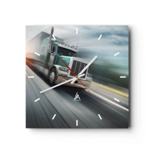 Orologio da parete - Orologio in Vetro - Un camion in autostrada in movimento al tramonto - 30x30cm - Gigante americano in corsa - Decorazione murale moderna per soggiorno e camera da letto ARTTOR