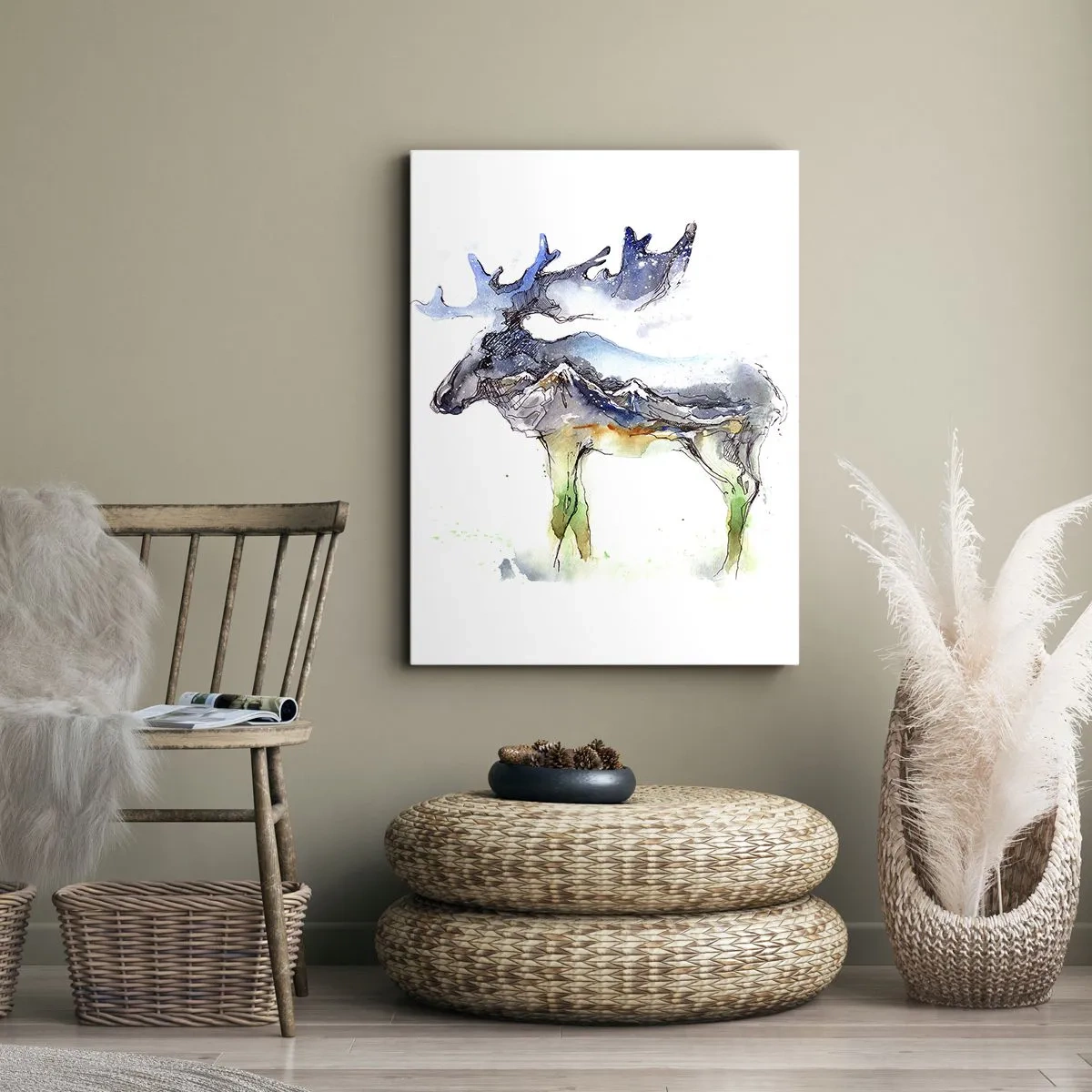 Quadro su tela - Stampe su Tela - Sagoma ad acquerello di un alce con un paesaggio montano - 50x70cm - Il protagonista dei racconti invernali - Decorazione murale moderna per soggiorno e camera da letto ARTTOR