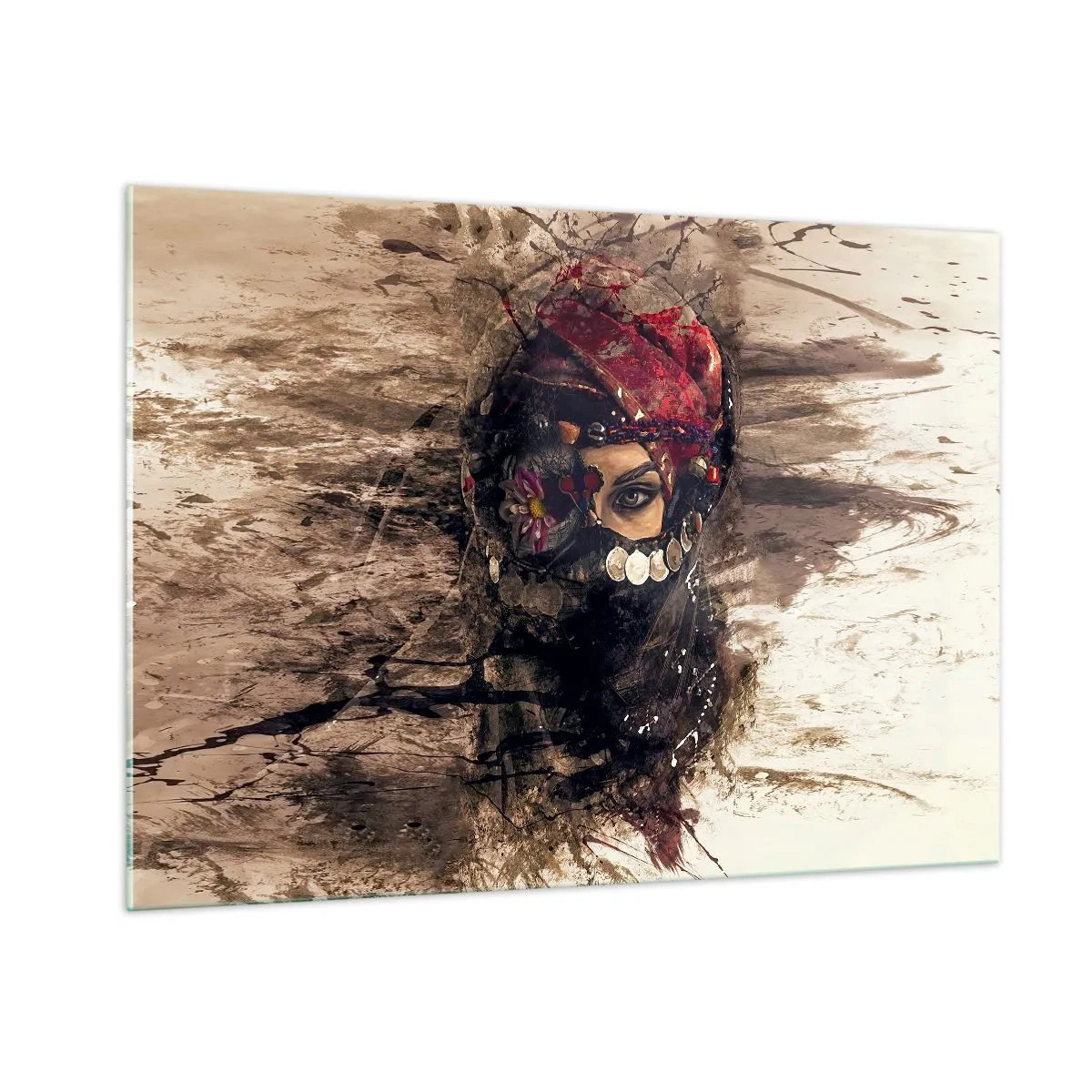 Quadro su vetro - Ritratto di una donna misteriosa con un turbante rosso - 100x70cm - Quantomeno inquietante - Decorazione murale moderna per soggiorno e camera da letto ARTTOR