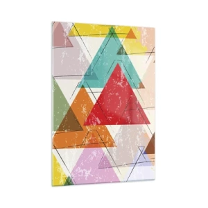 Quadro su vetro - Motivo astratto di triangoli in diversi colori - 50x70cm - Tre alla volta - Decorazione murale moderna per soggiorno e camera da letto ARTTOR