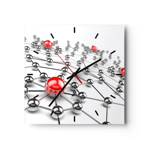 Orologio da parete - Orologio in Vetro - Una rete di palline metalliche con accenti rossi - 30x30cm - Rete argentea - Decorazione murale moderna per soggiorno e camera da letto ARTTOR