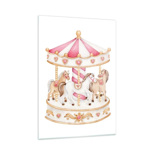 Quadro su vetro - Una giostra rosa con cavalli in stile bambini su uno sfondo bianco - 50x70cm - Il dolce mondo dell'infanzia - Decorazione murale moderna per soggiorno e camera da letto ARTTOR
