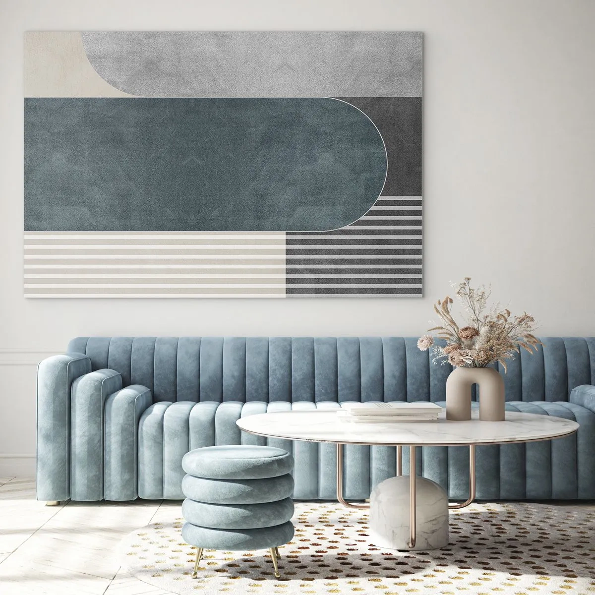 Quadro su vetro - Forma geometrica nei toni del grigio, beige e verde - 120x80cm - Composizione orizzontale - Decorazione murale moderna per soggiorno e camera da letto ARTTOR