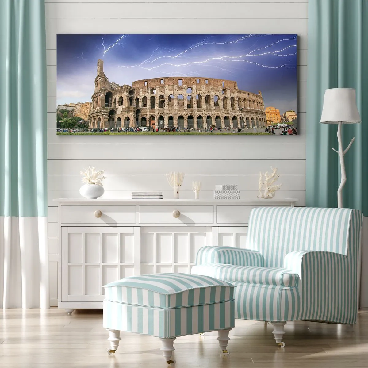 Quadro su tela - Stampe su Tela - Il Colosseo a Roma illuminato dai fulmini - 140x50cm - Arena di combattimenti - Decorazione murale moderna per soggiorno e camera da letto ARTTOR