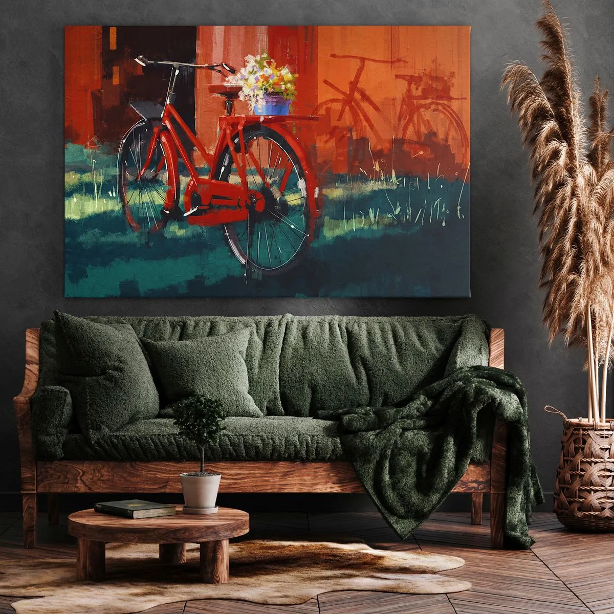 Quadro su tela - Stampe su Tela - Una bicicletta rossa con fiori contro un muro arancione - 70x50cm - I want to ride my bicycle - Decorazione murale moderna per soggiorno e camera da letto ARTTOR