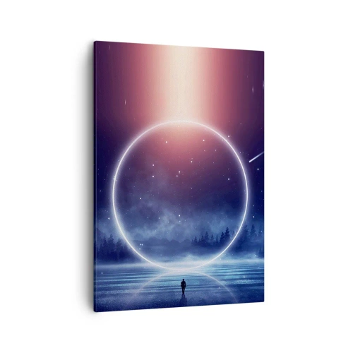 Quadro su tela - Stampe su Tela - Un paesaggio magico con una figura e un cerchio di luce di notte - 50x70cm - Sono già qui... - Decorazione murale moderna per soggiorno e camera da letto ARTTOR
