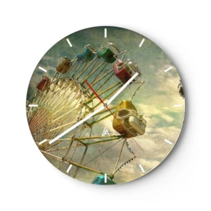Orologio da parete - Orologio in Vetro - Una ruota panoramica colorata contro il cielo in stile retrò - 30x30cm - Il divertimento comincia... - Decorazione murale moderna per soggiorno, cucina e camera da letto ARTTOR