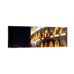 Quadro su vetro - Il Colosseo illuminato dalle luci di notte a Roma - 160x50cm - È tempo di iniziare i giochi - Decorazione murale moderna per soggiorno e camera da letto ARTTOR