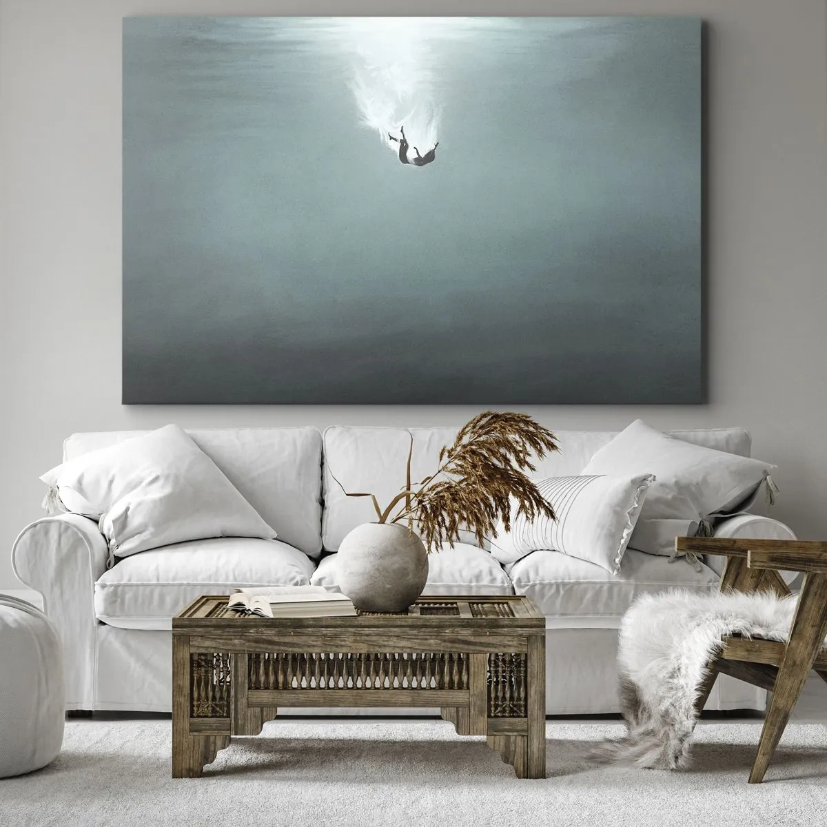 Quadro su tela - Stampe su Tela - Una figura immersa in acque profonde e turchesi - 70x50cm - Nell'abbraccio dell'oceano - Decorazione murale moderna per soggiorno e camera da letto ARTTOR