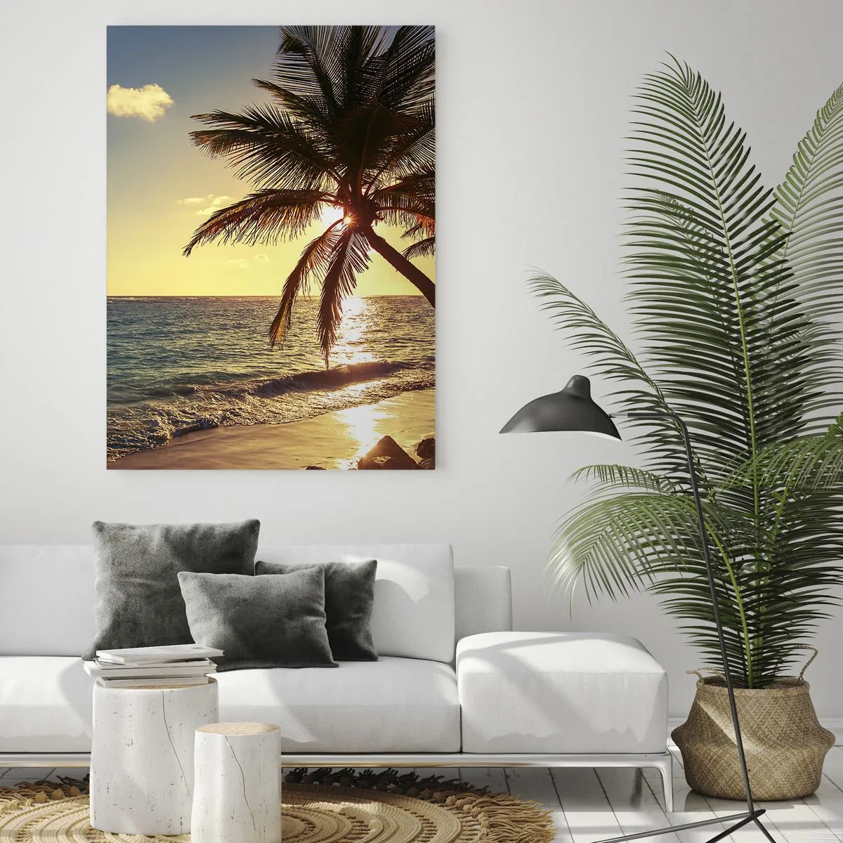 Quadro su vetro - Spiaggia tropicale con palme alla luce del sole al tramonto - 50x70cm - Estate sotto le palme - Decorazione murale moderna per soggiorno e camera da letto ARTTOR