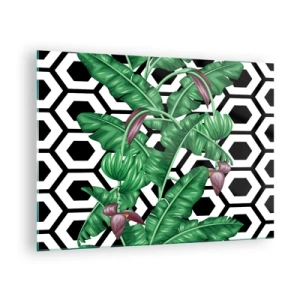 Quadro su vetro - Foglie e fiori tropicali su uno sfondo con motivo geometrico bianco e nero - 70x50cm - Composizione simmetrica con la natura - Decorazione murale moderna per soggiorno e camera da letto ARTTOR