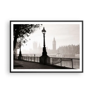 Poster in cornice nera - Una vista monocromatica del Big Ben e del Tamigi. - 100x70cm - Un mattino a Londra - Decorazione murale moderna per soggiorno e camera da letto ARTTOR