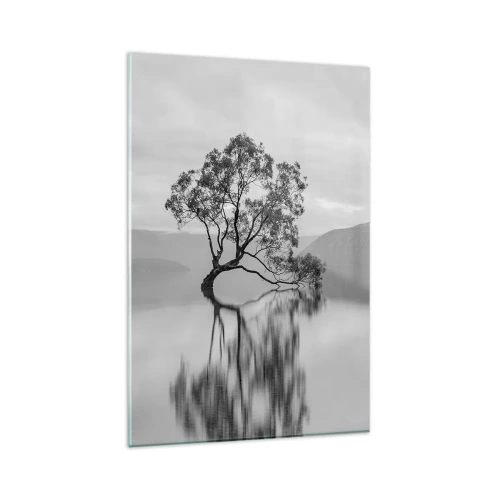Quadro su vetro - Un albero solitario riflesso nell'acqua con le montagne sullo sfondo - 80x120cm - C'è un paese così - Decorazione murale moderna per soggiorno e camera da letto ARTTOR