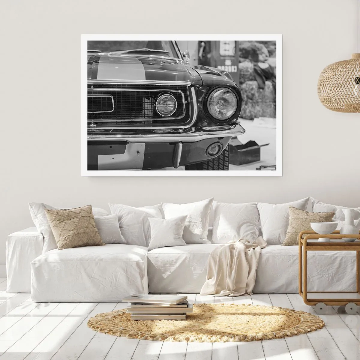 Poster - Cofano di un'auto classica in bianco e nero - 100x70cm - A rotta di collo - Decorazione murale moderna per soggiorno e camera da letto ARTTOR