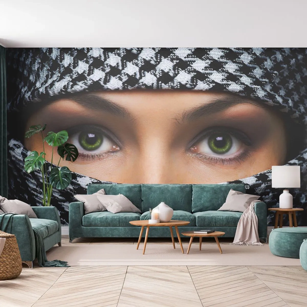 Fotomurali Premium Sand - Gli occhi verdi di una donna incorniciati da un motivo in tessuto bianco e nero - 100x70cm - Ritratto di bellezza velata con gli occhi verdi - Decorazione murale moderna per soggiorno e camera da letto ARTTOR