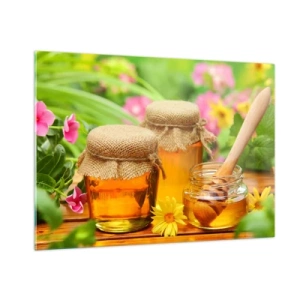 Quadro su vetro - Vasetti di miele su uno sfondo di fiori nel giardino - 100x70cm - Dolce miele di fiori - Decorazione murale moderna per soggiorno e camera da letto ARTTOR
