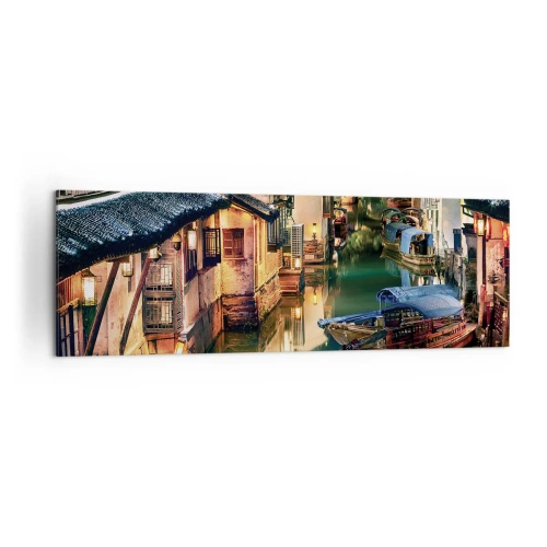 Quadro su tela - Stampe su Tela - Vista notturna dei canali con barche e case tradizionali - 160x50cm - Sera in una via cinese - Decorazione murale moderna per soggiorno e camera da letto ARTTOR
