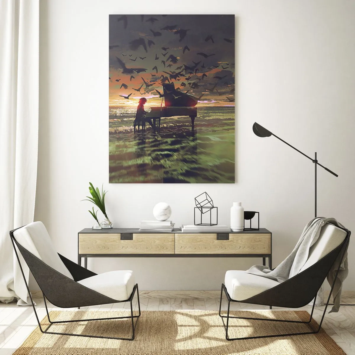 Quadro su vetro - Pianista che suona il pianoforte sulla spiaggia al tramonto - 50x70cm - Concerto per pianoforte e onde - Decorazione murale moderna per soggiorno e camera da letto ARTTOR