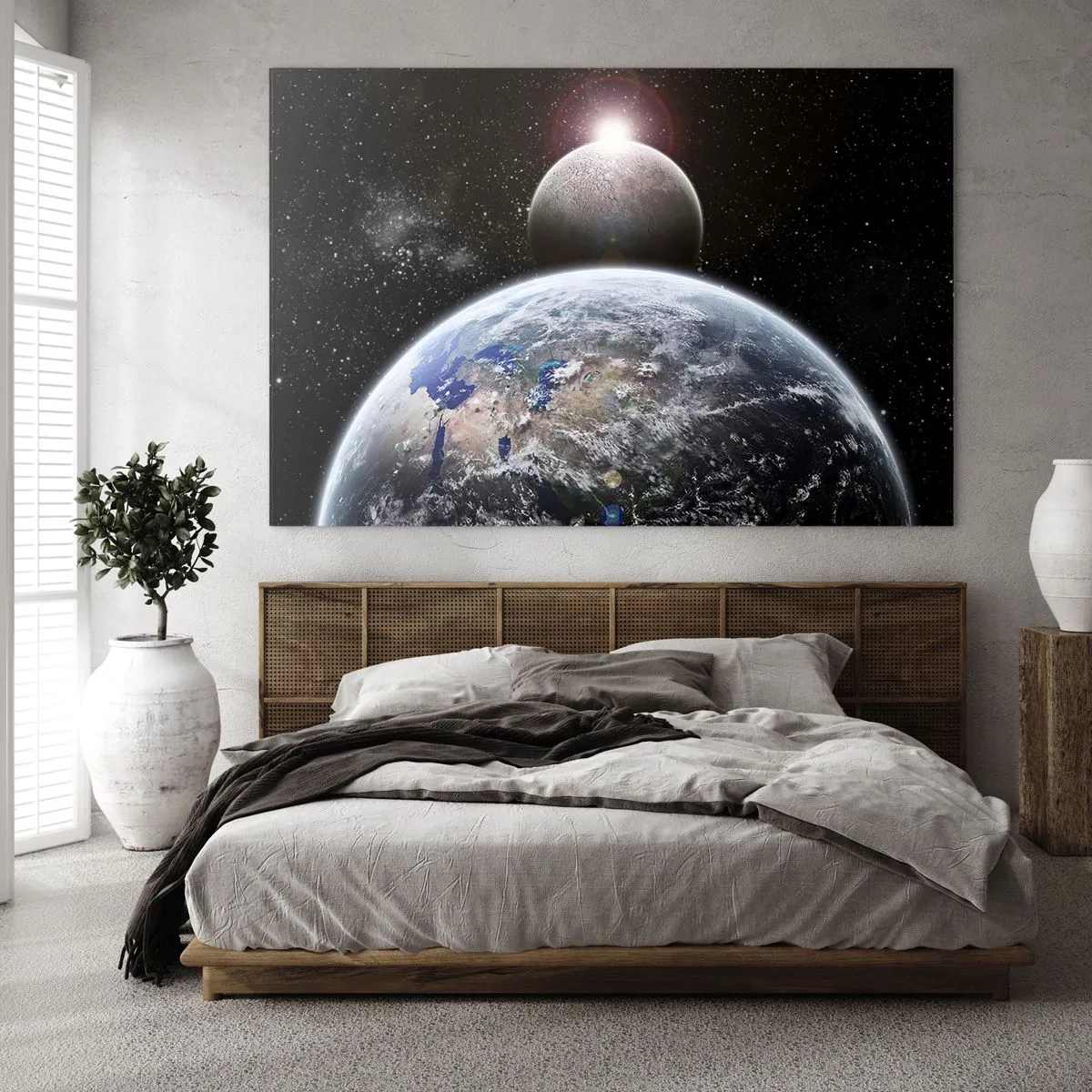 Quadro su vetro - Terra e Luna nello spazio - 100x70cm - Paesaggio cosmico: sorgere del sole - Decorazione murale moderna per soggiorno e camera da letto ARTTOR