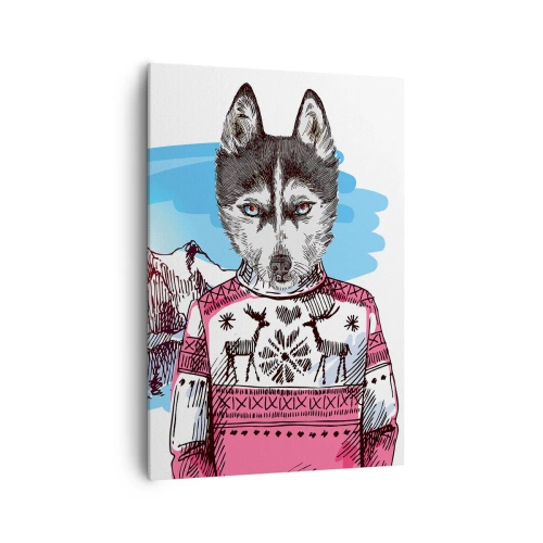 Quadro su tela - Stampe su Tela - Un lupo con un maglione invernale sullo sfondo di un paesaggio montano - 70x100cm - Lupo con lana di pecora - Decorazione murale moderna per soggiorno e camera da letto ARTTOR