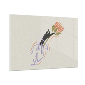 Quadro su vetro - Una mano stilizzata con un mazzo di fiori disegnato con linee pastello. - 100x70cm - Tocco delicato - Decorazione murale moderna per soggiorno e camera da letto ARTTOR