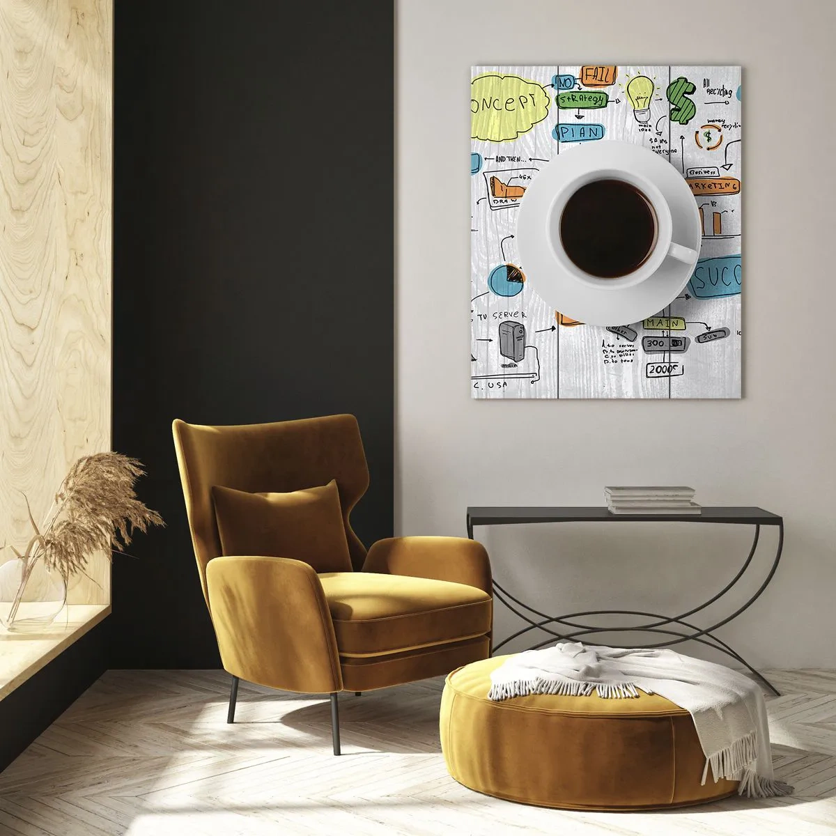 Quadro su vetro - Una tazza di caffè su uno sfondo di diagrammi e disegni concettuali - 50x70cm - Un momento di pausa - Decorazione murale moderna per soggiorno e camera da letto ARTTOR