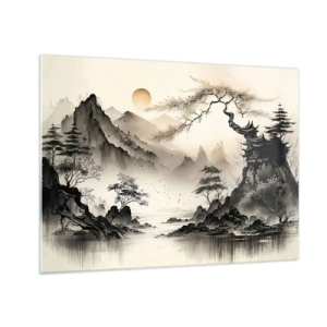 Quadro su vetro - Paesaggio montano orientale con pagoda e alberi - 70x50cm - Il fascino irripetibile dell'oriente - Decorazione murale moderna per soggiorno e camera da letto ARTTOR