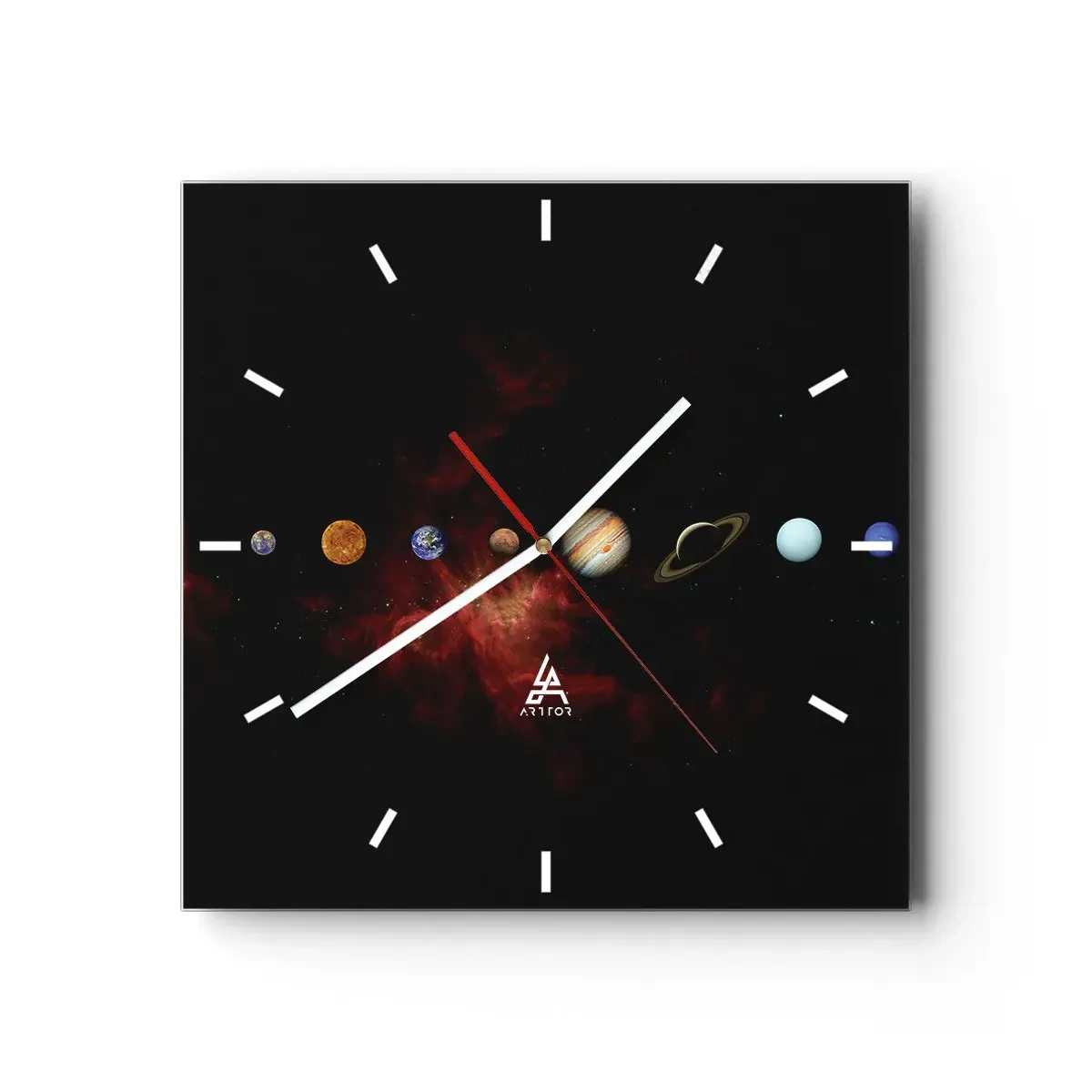 Orologio da parete - Orologio in Vetro - Il sistema solare con i pianeti sullo sfondo dello spazio - 30x30cm - Il nostro vicinato - Decorazione murale moderna per soggiorno e camera da letto ARTTOR