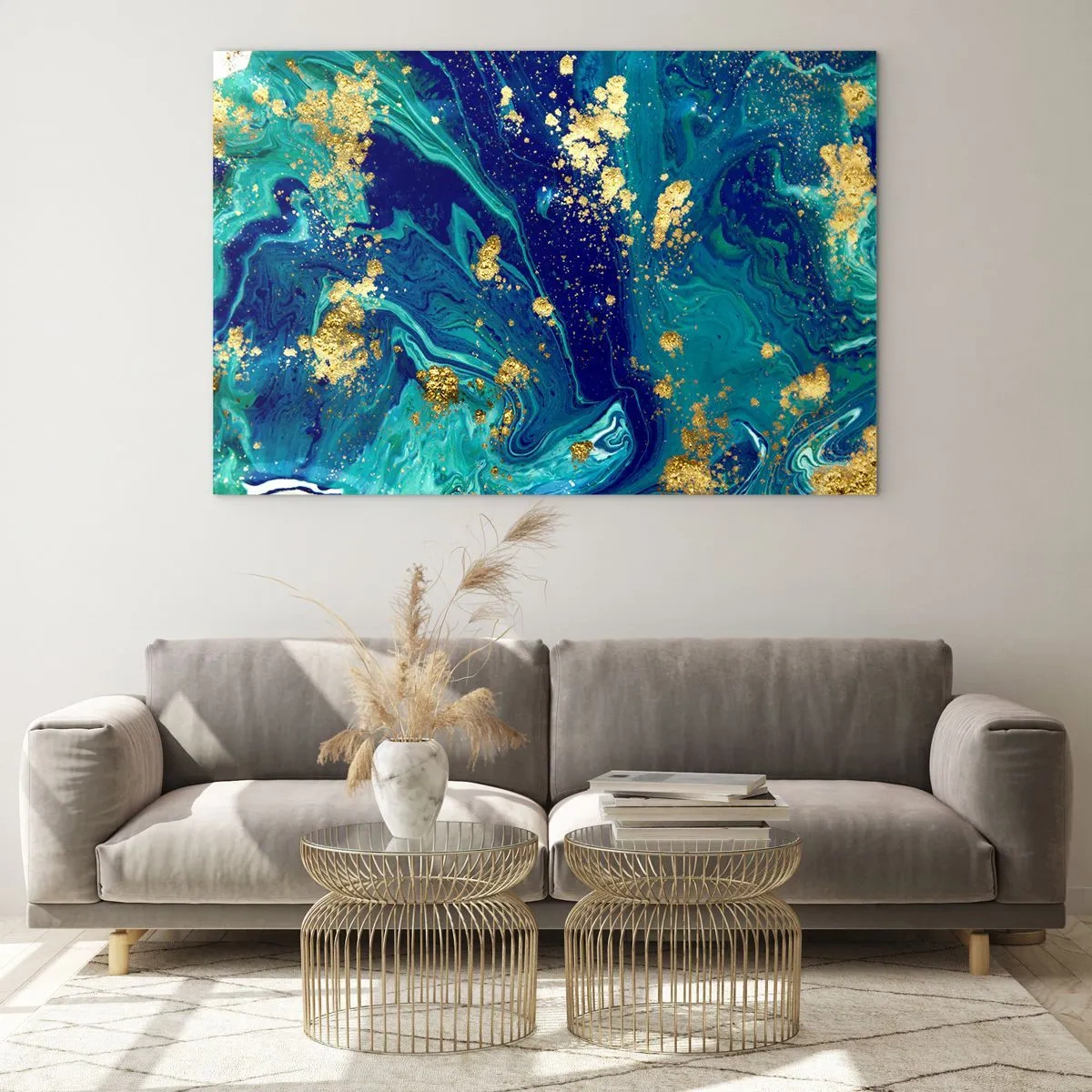 Quadro su vetro - Un motivo astratto nei toni del turchese e del blu navy con accenti dorati - 70x50cm - Petali di sole - Decorazione murale moderna per soggiorno e camera da letto ARTTOR